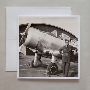 My Grand Pére, William Taylor, was a pilot in WWII and this photo greeting card shows Taylor in his uniform, leaning on hi plane.  