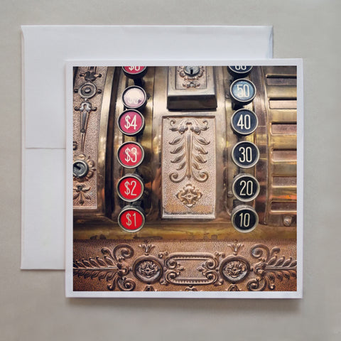 This photo greeting card shows an antique, cash register by photographer Jennifer Echols.  