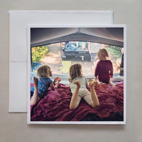 Three children are visiting in a camper van on a B.C. camping trip in this cute greeting card by photographer Jennifer Echols.