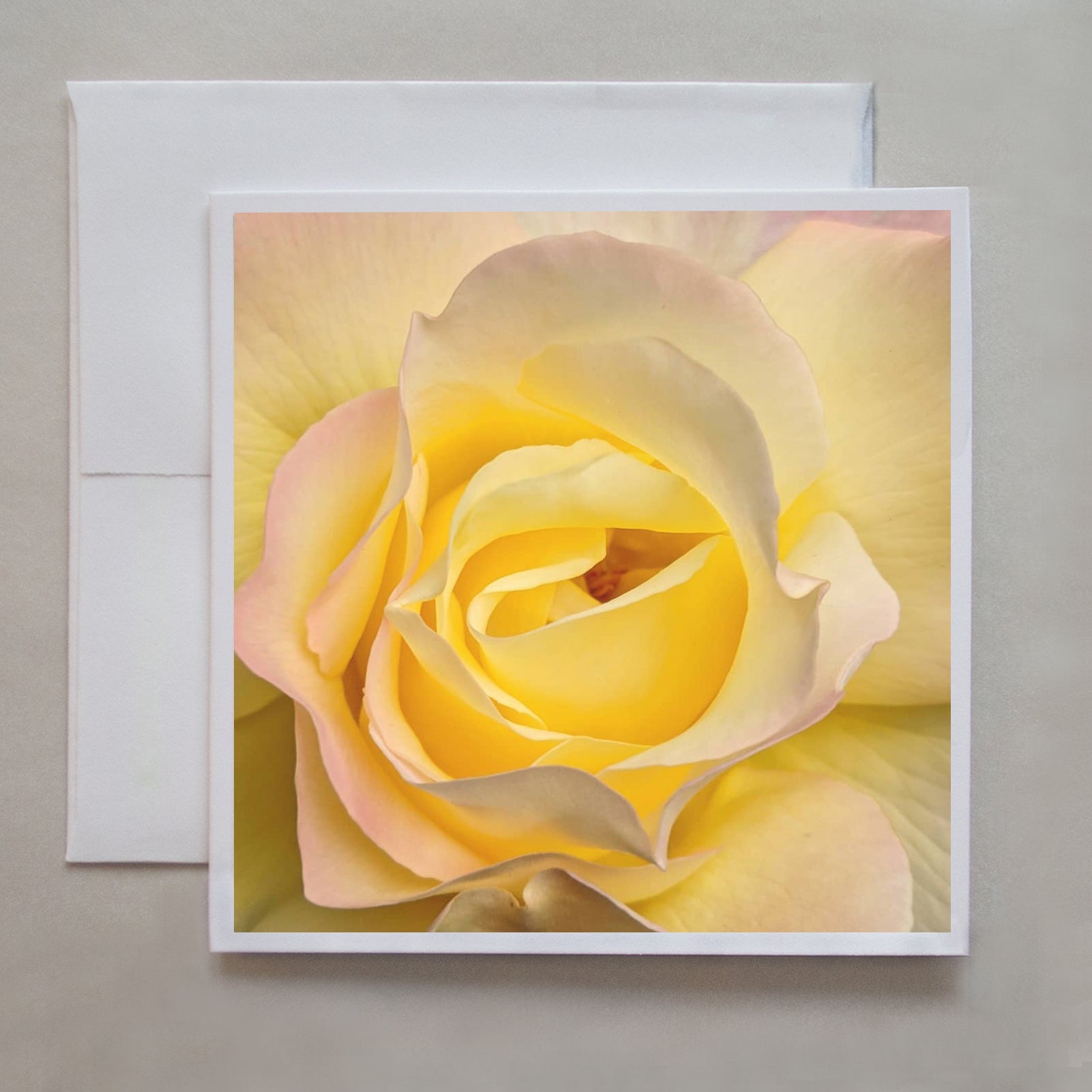 Gorgeous details of the centre of a delicate yellow rose are shown in this notecard by photographer Jennifer Echols. 